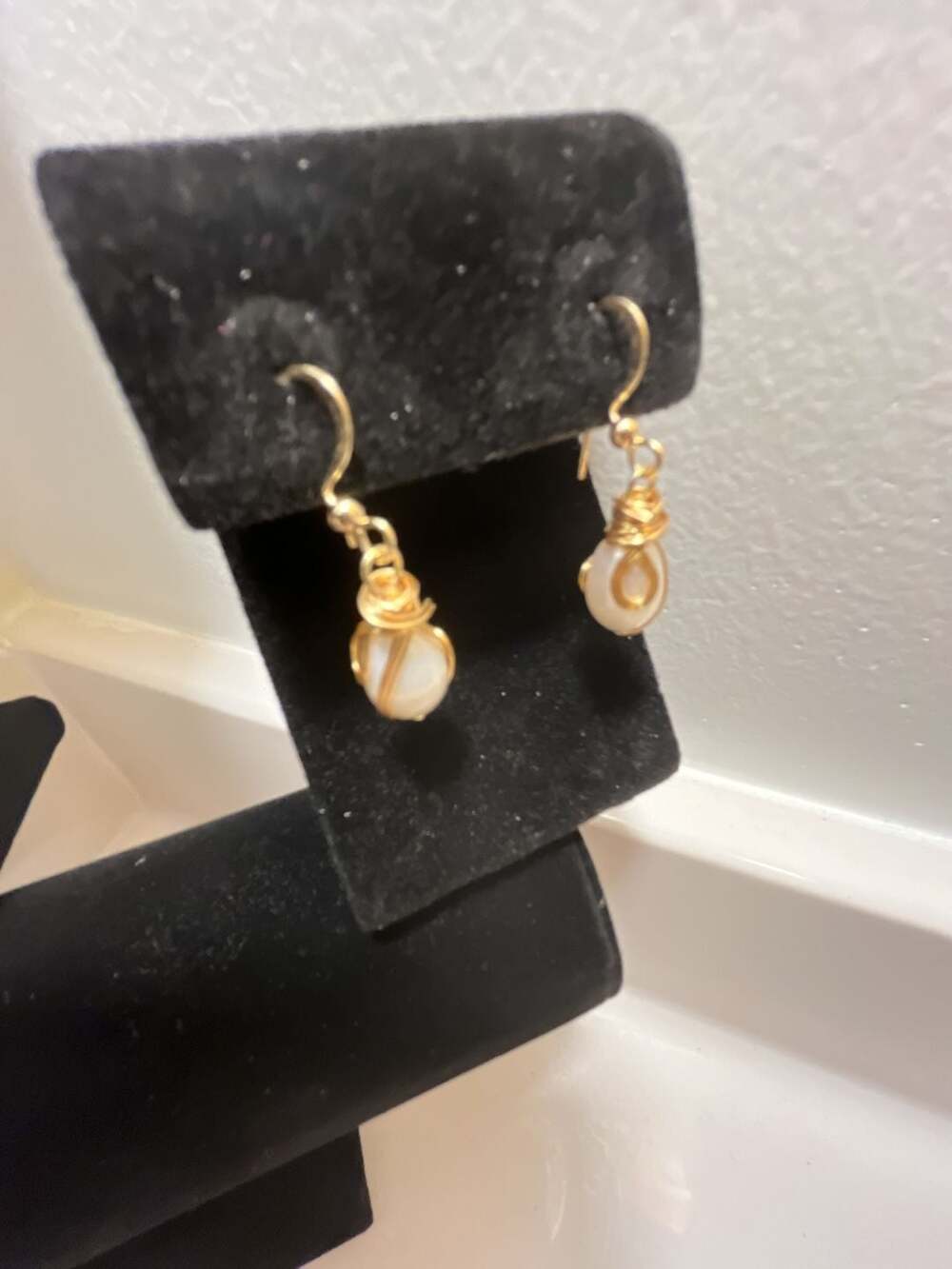 Wire woven wrapped pearl Earrings in Gold Tone